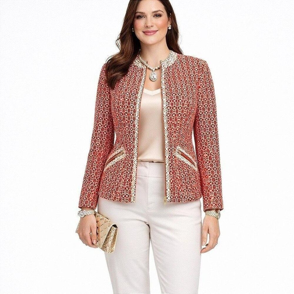 Jones New York Signature Petite Blazer 2P Red White Print Zip Front NWT